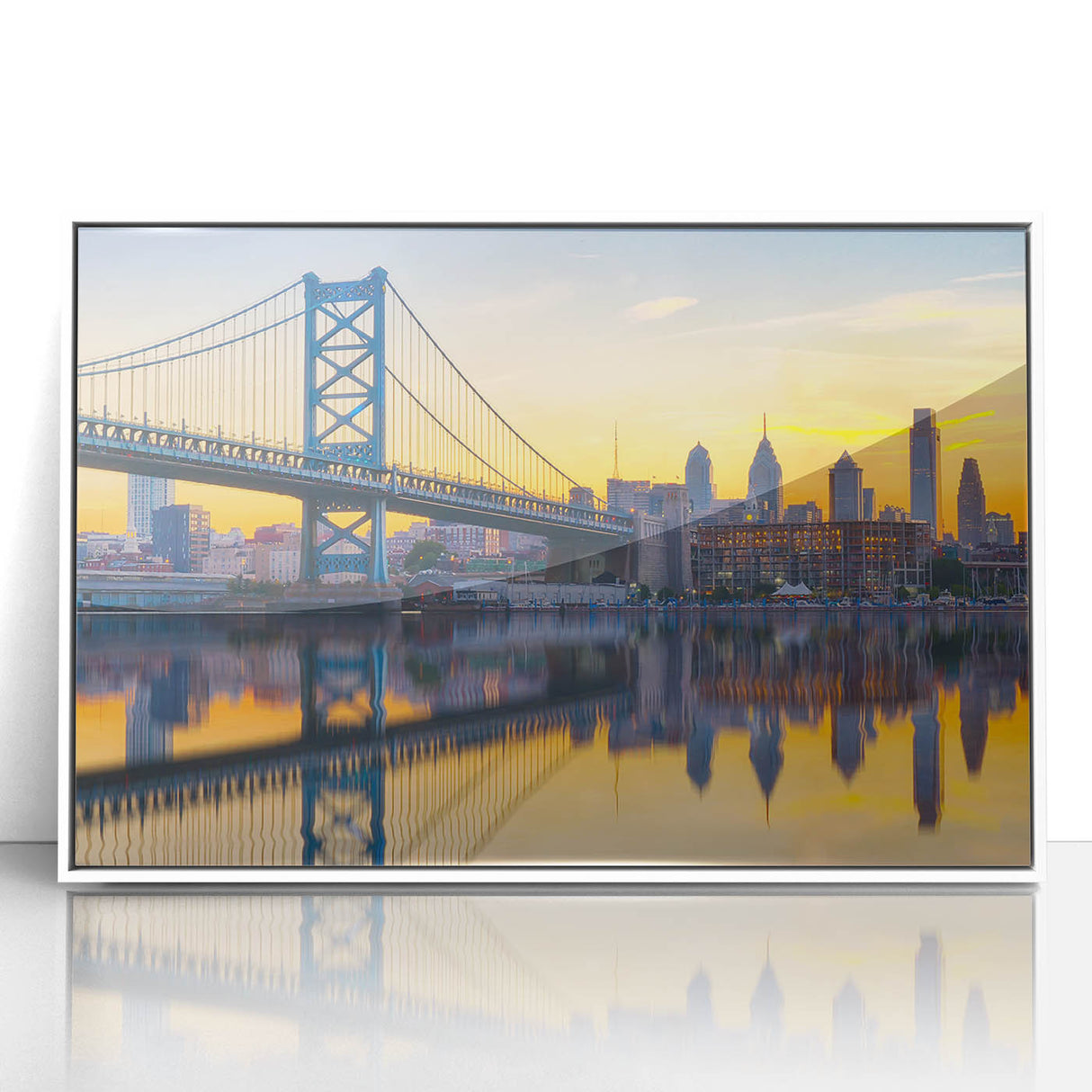 Art deco poster of Philadelphia skyline in muted gray and blue tones, acrylic print framed in white.