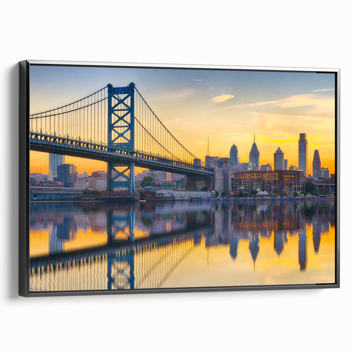 Black and white framed canvas of Philadelphia landscape, ideal for bedroom wall art.