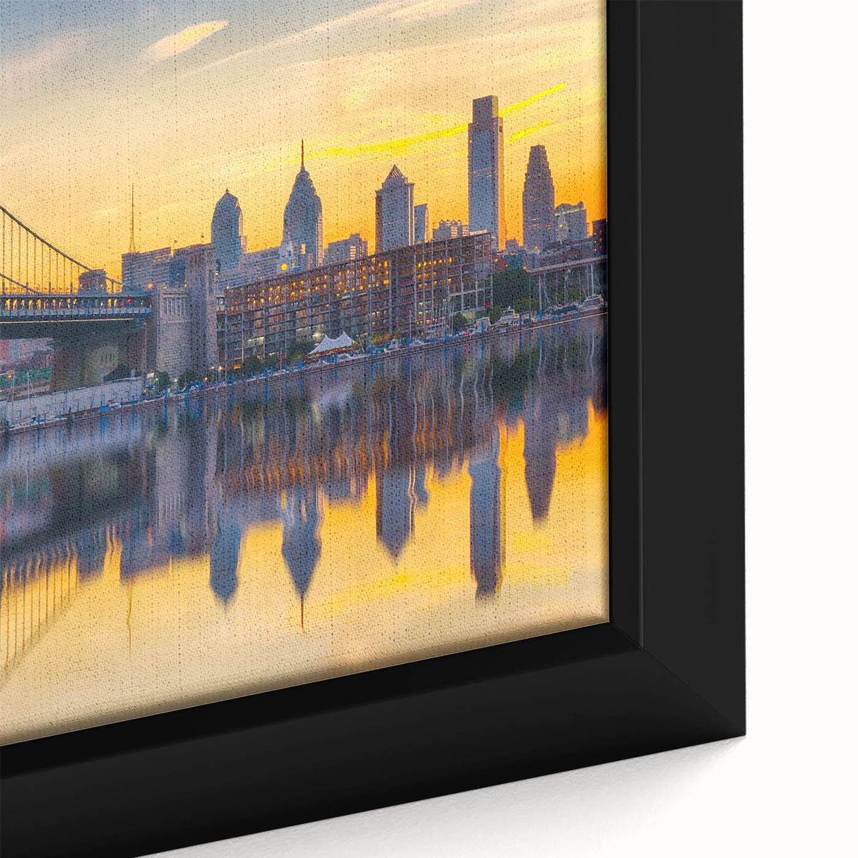 Extra large black wall art featuring a textured Philadelphia skyline in colorful hues on framed canvas.