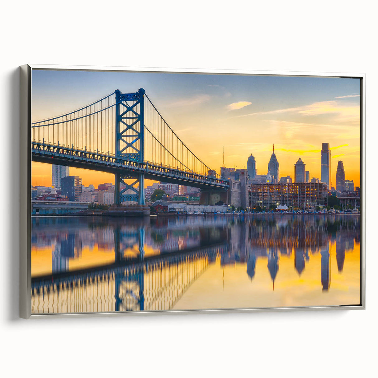 Framed canvas of a vintage-style Philadelphia landscape, featuring colorful art with black borders, ideal for office decor.