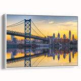 Vintage poster art of Philadelphia skyline in colorful hues on extra large framed canvas, suitable for living room decor.
