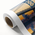 Art deco poster of Philadelphia skyline in muted gold and navy tones on rolled canvas, suitable for dining room wall art.