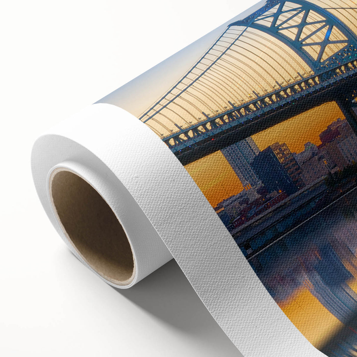 Art deco poster of Philadelphia skyline in muted gold and navy tones on rolled canvas, suitable for dining room wall art.