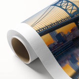 Art deco poster of Philadelphia skyline in muted gold and navy tones on rolled canvas, suitable for dining room wall art.