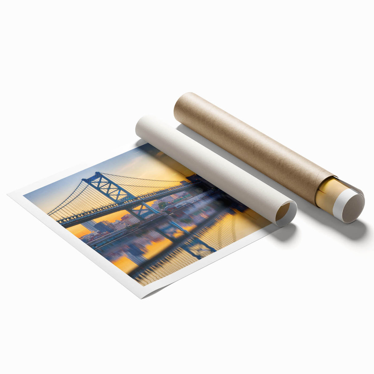Rolled print of Philadelphia skyline in muted gray tones, ideal for classy bathroom wall art.