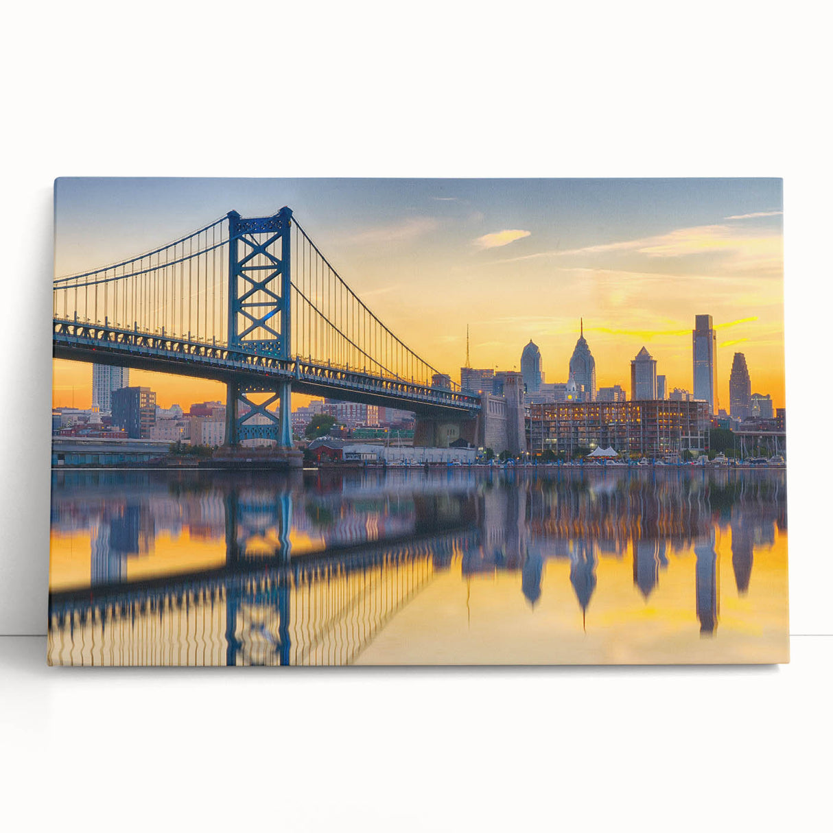 Black and white photo of Philadelphia skyline on large stretched canvas, ideal for kitchen wall art or bedroom decor.