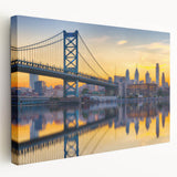 Large art of Philadelphia skyline in muted gray tones on stretched canvas, suitable for kitchen wall art.