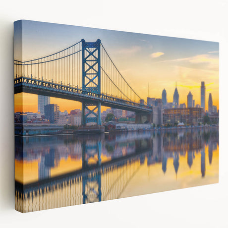 Large art of Philadelphia skyline in muted gray tones on stretched canvas, suitable for kitchen wall art.