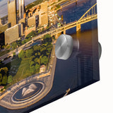 Acrylic print of a large abstract depiction of Pittsburgh in mid-century modernist style, suitable for dining room art.