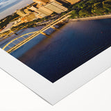 Art deco poster of Pittsburgh skyline in muted metallic tones on rolled canvas, suitable for dining room wall art.