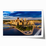 Panoramic view of Pittsburgh skyline in muted gray tones on a rolled canvas, suitable for art wall dining room.