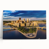 Black and white panoramic view of the Pittsburgh skyline on a large stretched canvas, ideal for kitchen wall art.