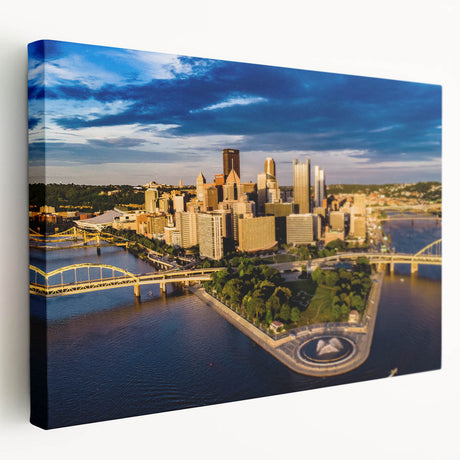 Panoramic view of Pittsburgh skyline in muted earth tones on stretched canvas, suitable for kitchen wall art.