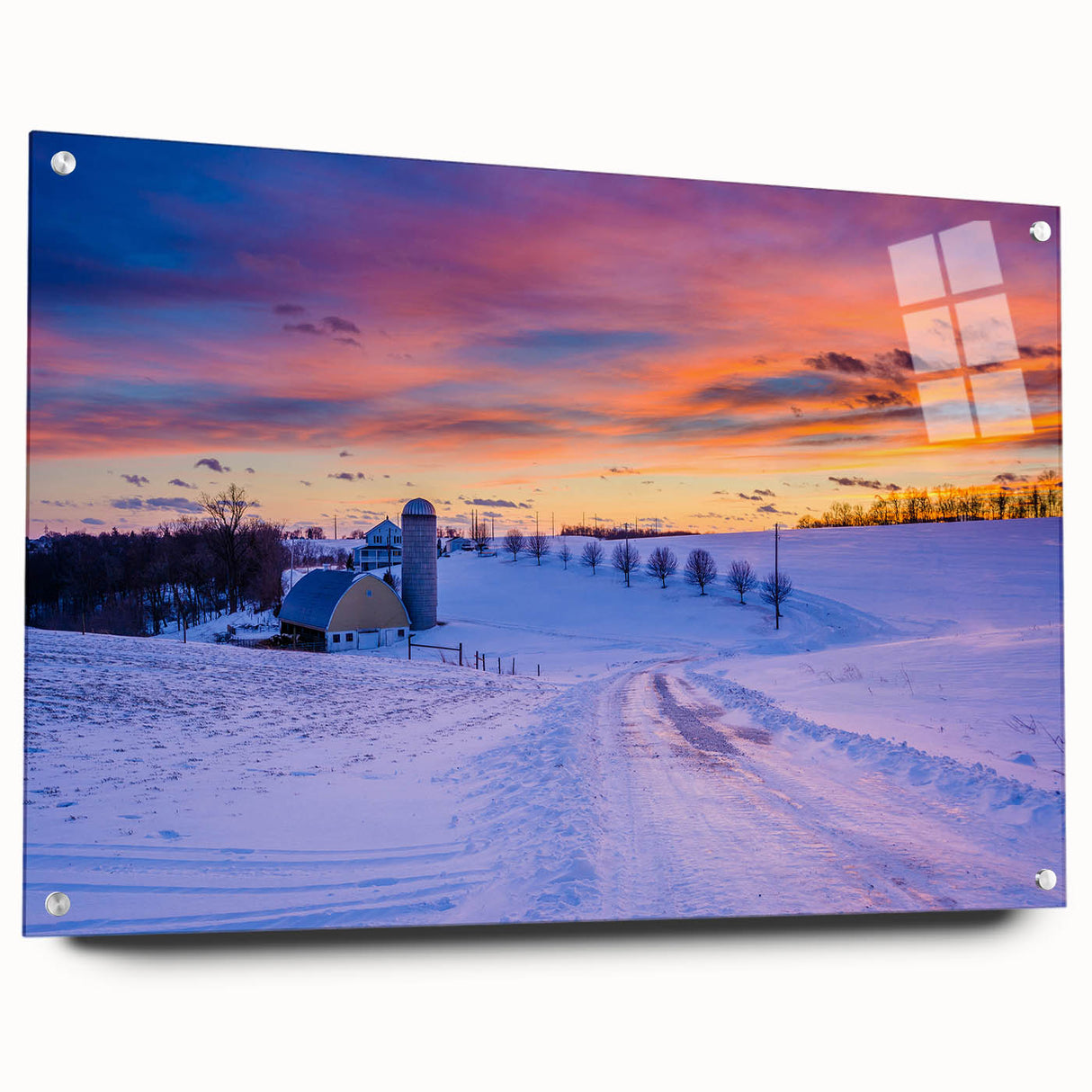 Large abstract wall art on acrylic glass depicting Pennsylvania scenery in cool blue tones.