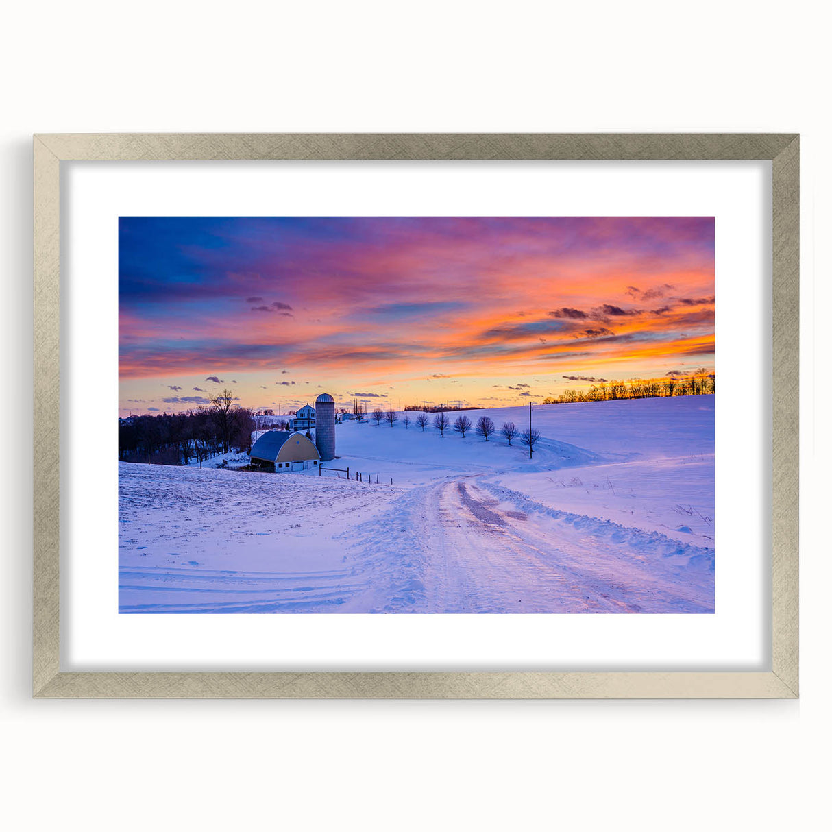 Textured art print of abstract Pennsylvania scenery in muted gray and blue tones, framed in silver, ideal for bedroom decor.