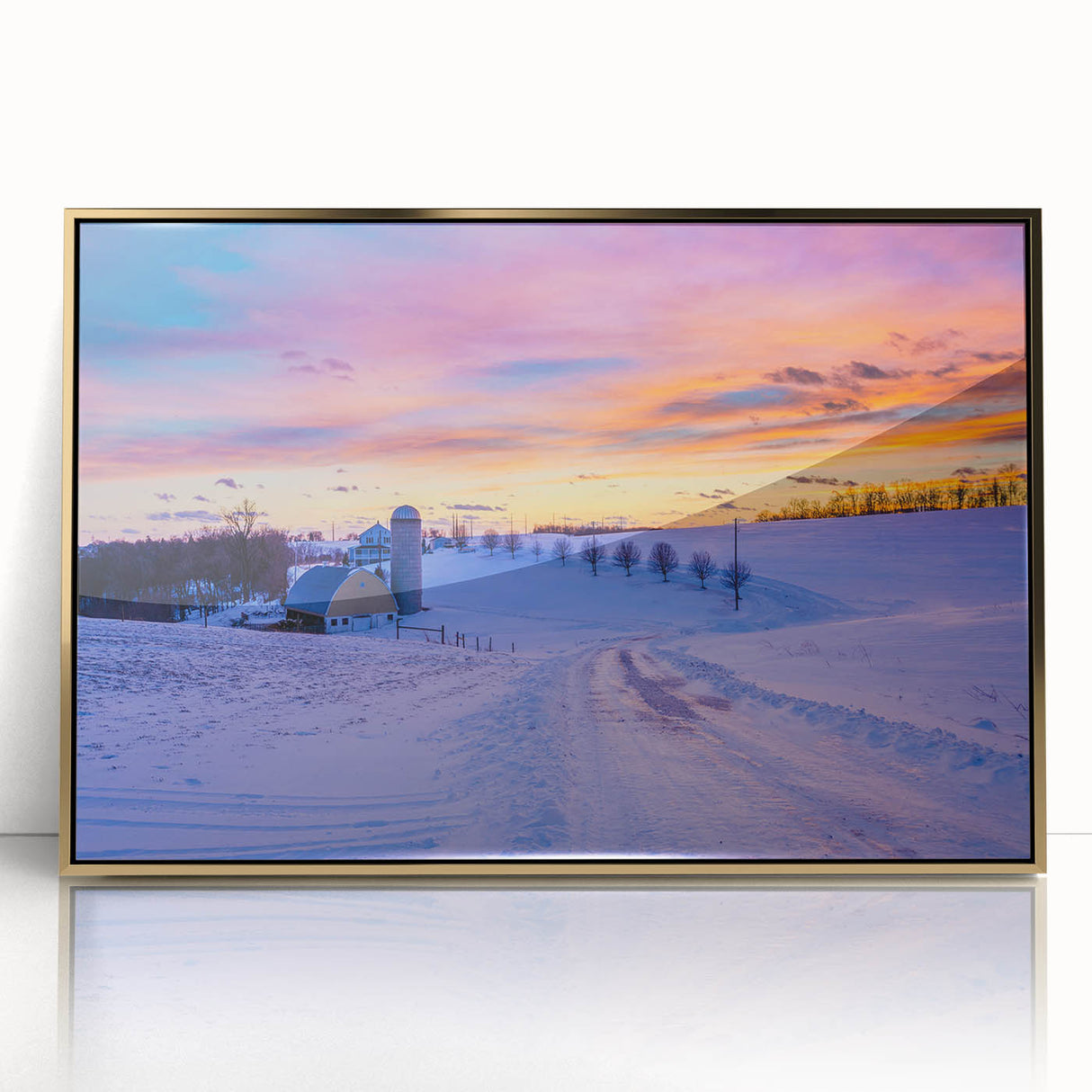 Framed acrylic print of a Pennsylvania landscape in mid-century modernist style, featuring earthy tones.