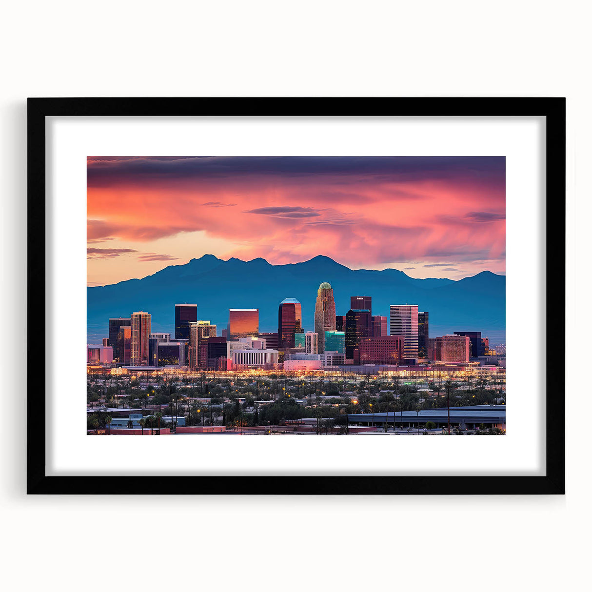 Abstract art print of Phoenix valley in vibrant colors on a large textured canvas, framed in black.