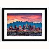 Abstract art print of Phoenix valley in vibrant colors on a large textured canvas, framed in black.