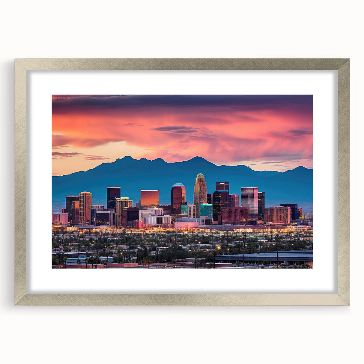 Textured abstract art print of Phoenix valley in muted earth tones on a framed silver mat, suitable for bedroom decor.