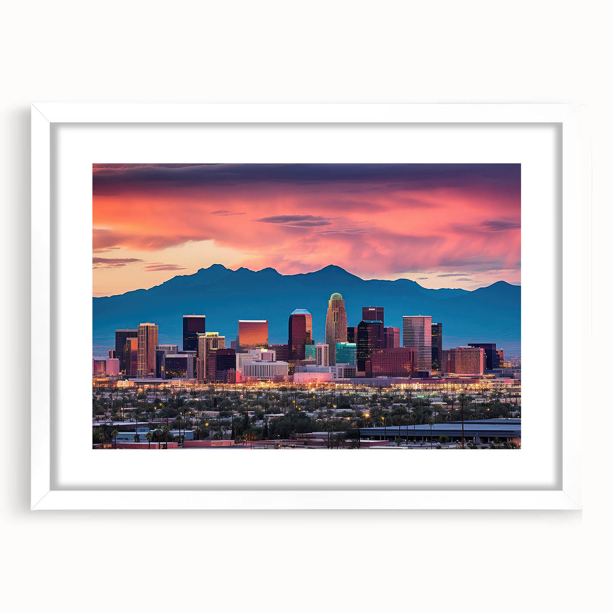 Abstract art print of Phoenix Valley in muted orange and blue tones, framed with a white mat, suitable for dining room decor.