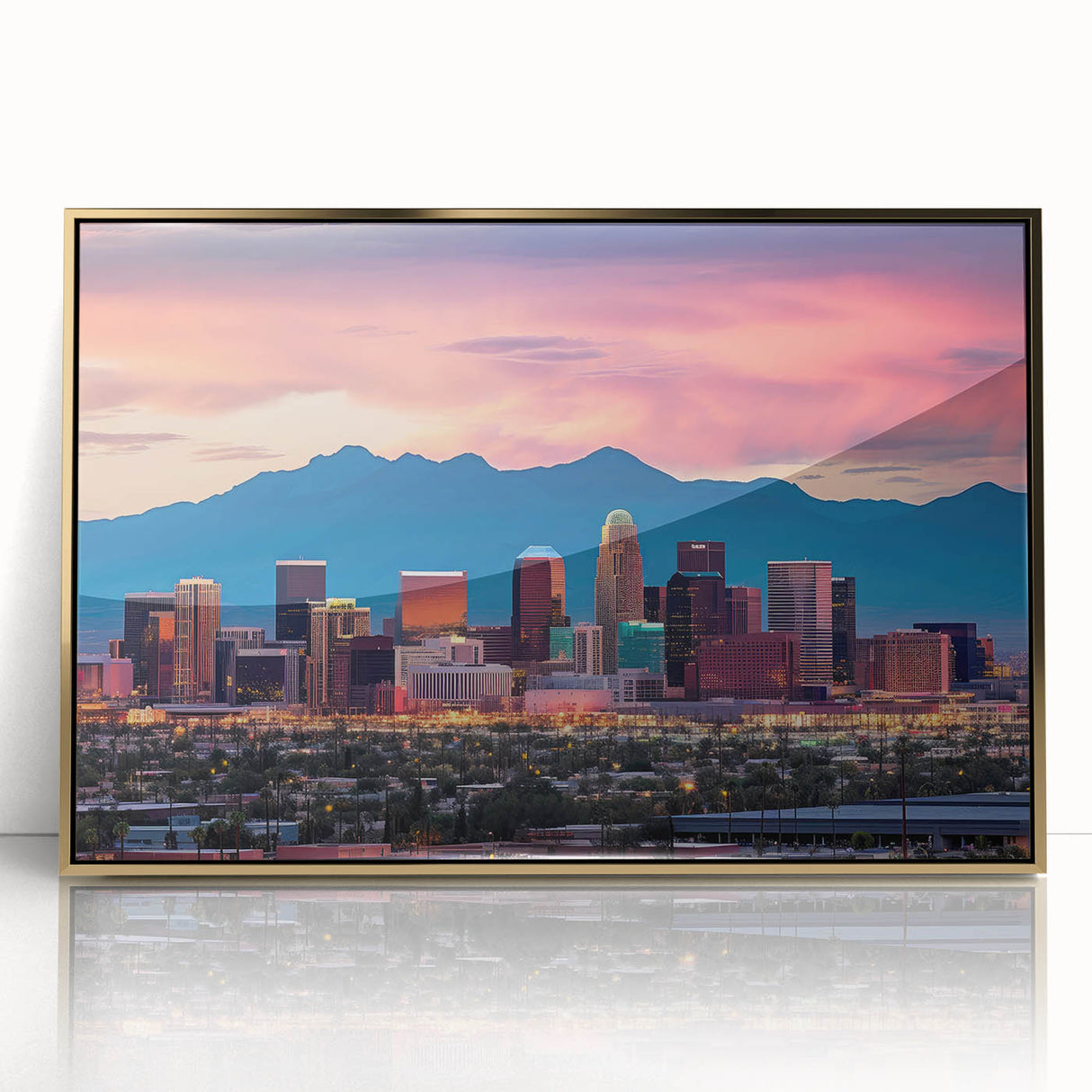 Mid-century modernist acrylic print of Phoenix valley in gold frame, suited for modern art wall decor.