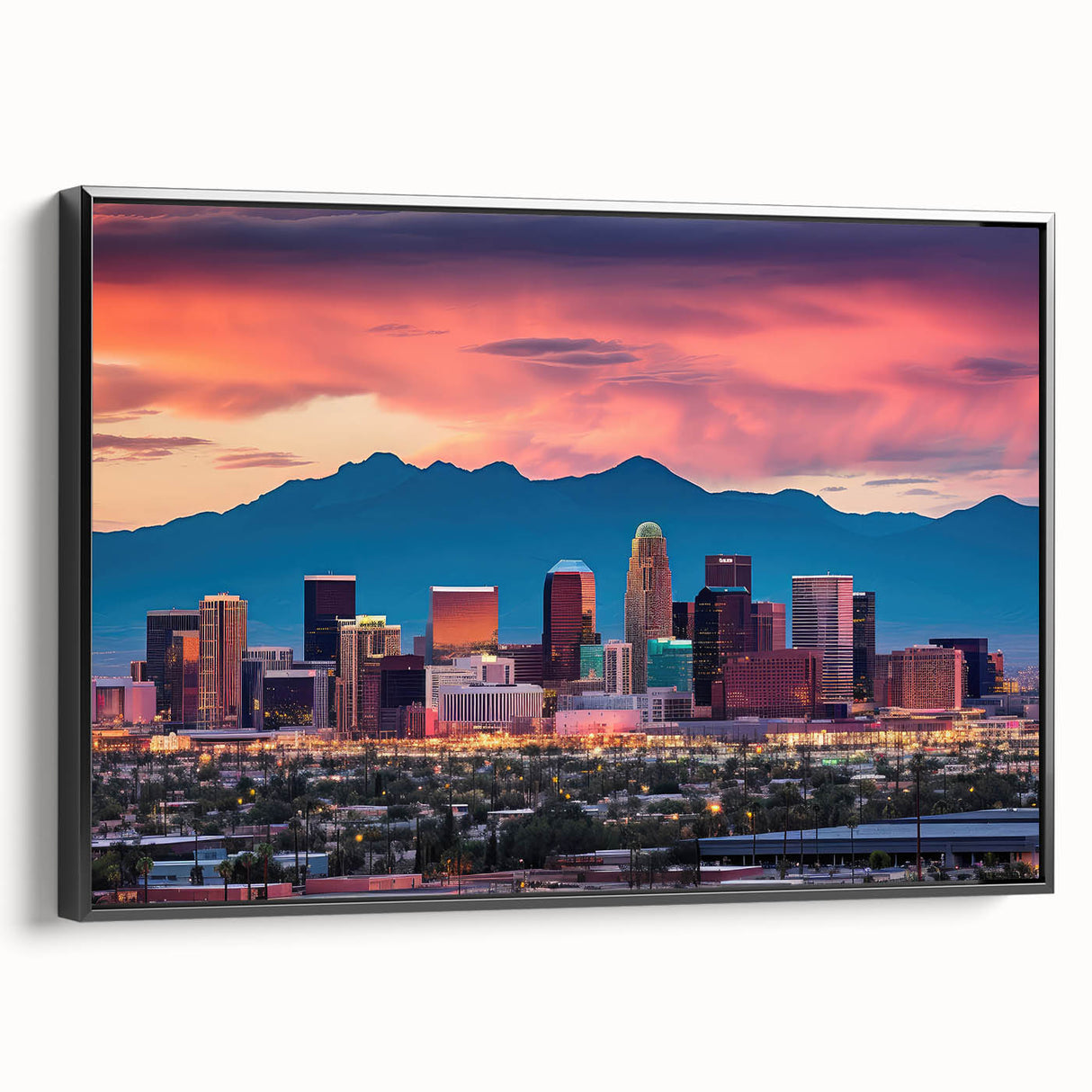 Black and white framed canvas depicting the Phoenix valley landscape in a vintage poster style, suitable for bedroom decor.