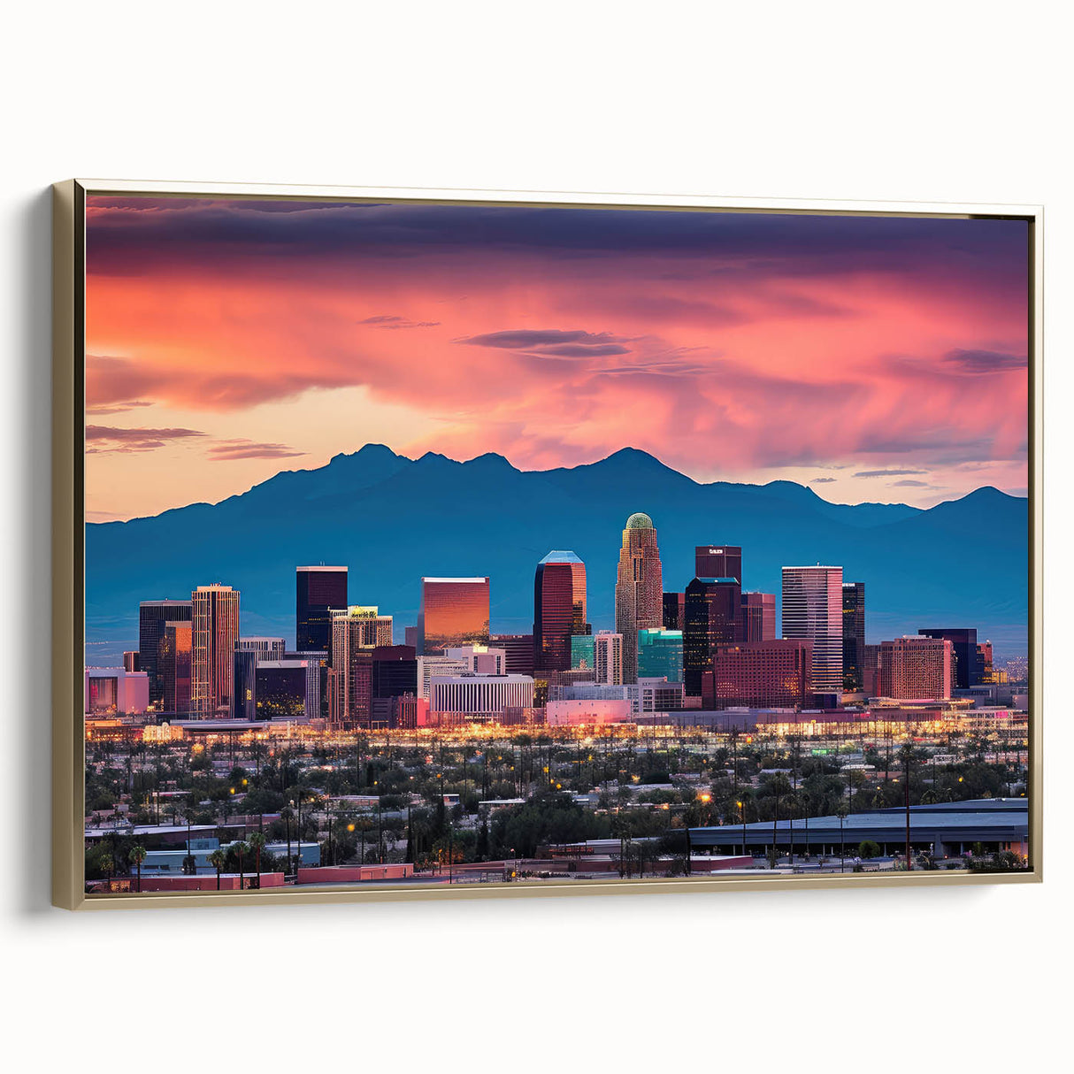 Framed canvas featuring a vintage-style landscape painting of Phoenix Valley in gold and black tones.