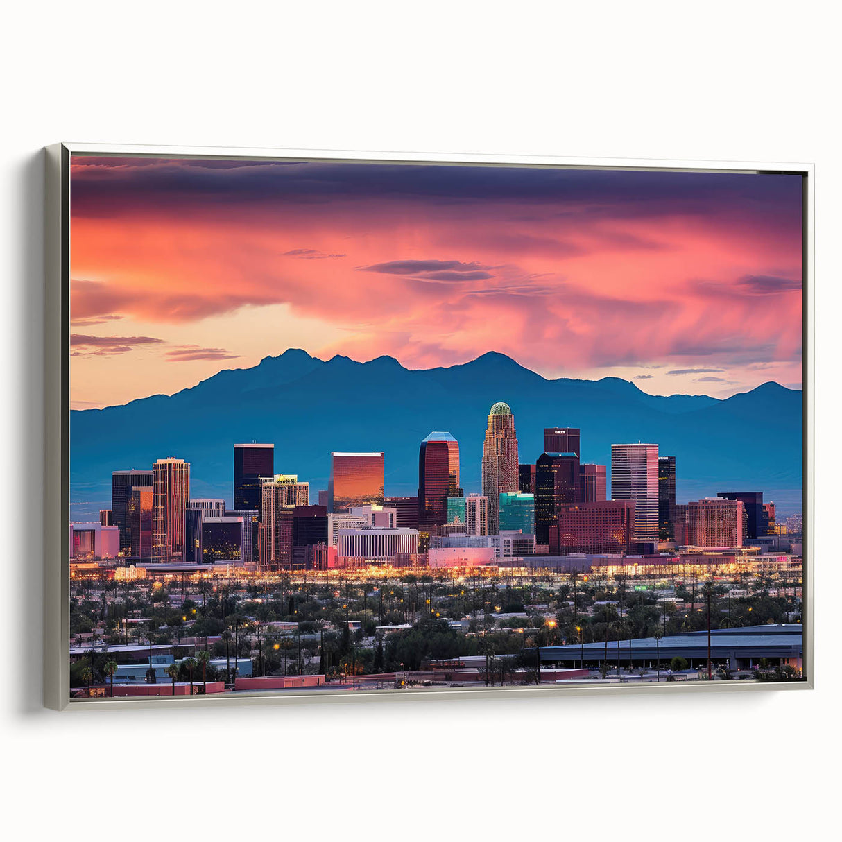 Framed canvas of a vintage-style Phoenix valley landscape in muted colors, ideal for office decor.