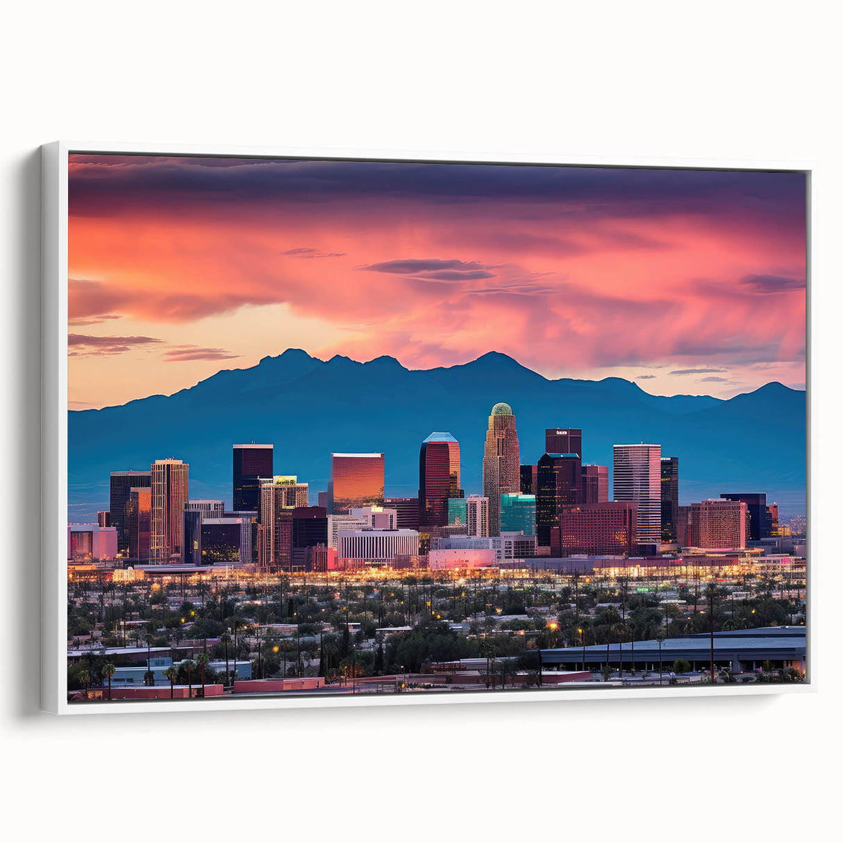 Vintage poster art of Phoenix valley in vibrant colors, framed canvas, ideal for living room decor.