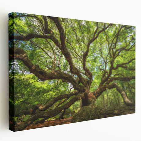Side view of a stretched canvas depicting the Charleston, South Carolina skyline in muted watercolor tones.