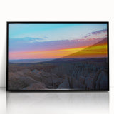 Acrylic print of Badlands in South Dakota, featuring a muted color palette, framed in black, ideal for modern art wall decor.