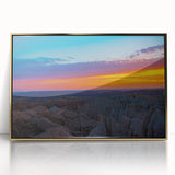 Large abstract wall art of South Dakota Badlands in gold acrylic frame, featuring muted earth tones.