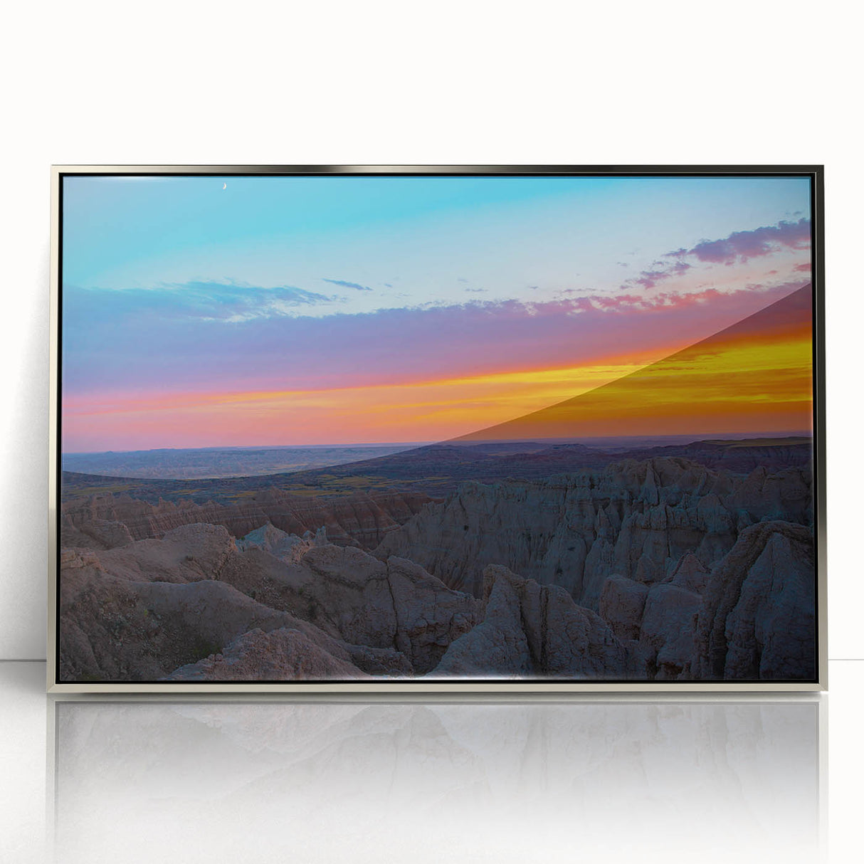 Large art print of South Dakota Badlands in muted earth tones, framed in silver acrylic, suitable for modern art wall decor.