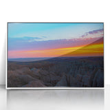 Mid-century modernist art of South Dakota Badlands in muted earth tones on a white framed acrylic.