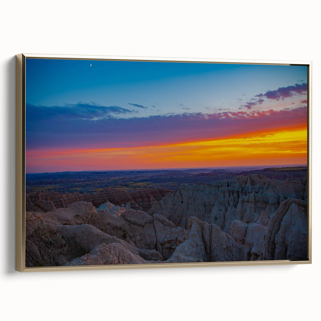 Framed canvas of Badlands landscape in South Dakota, featuring muted earth tones, ideal for bedroom wall art.