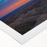 Art deco poster of South Dakota Badlands in muted earth tones on rolled canvas, suitable for dining room wall art.