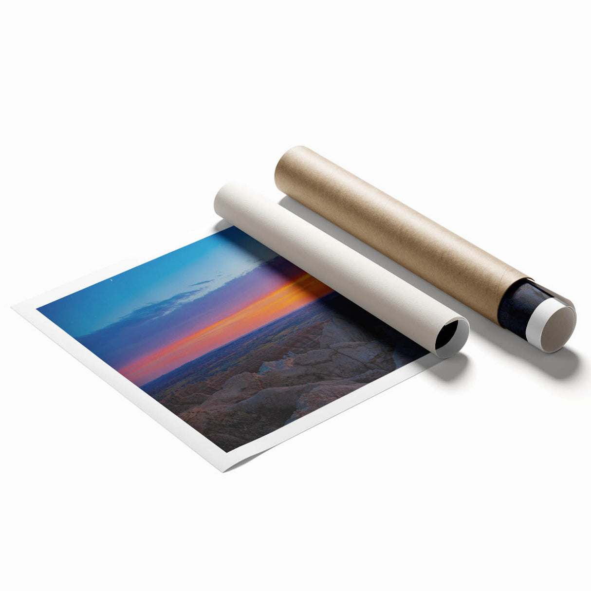 Large rolled print of South Dakota Badlands with earthy red and brown tones, suited for classy bathroom wall art.