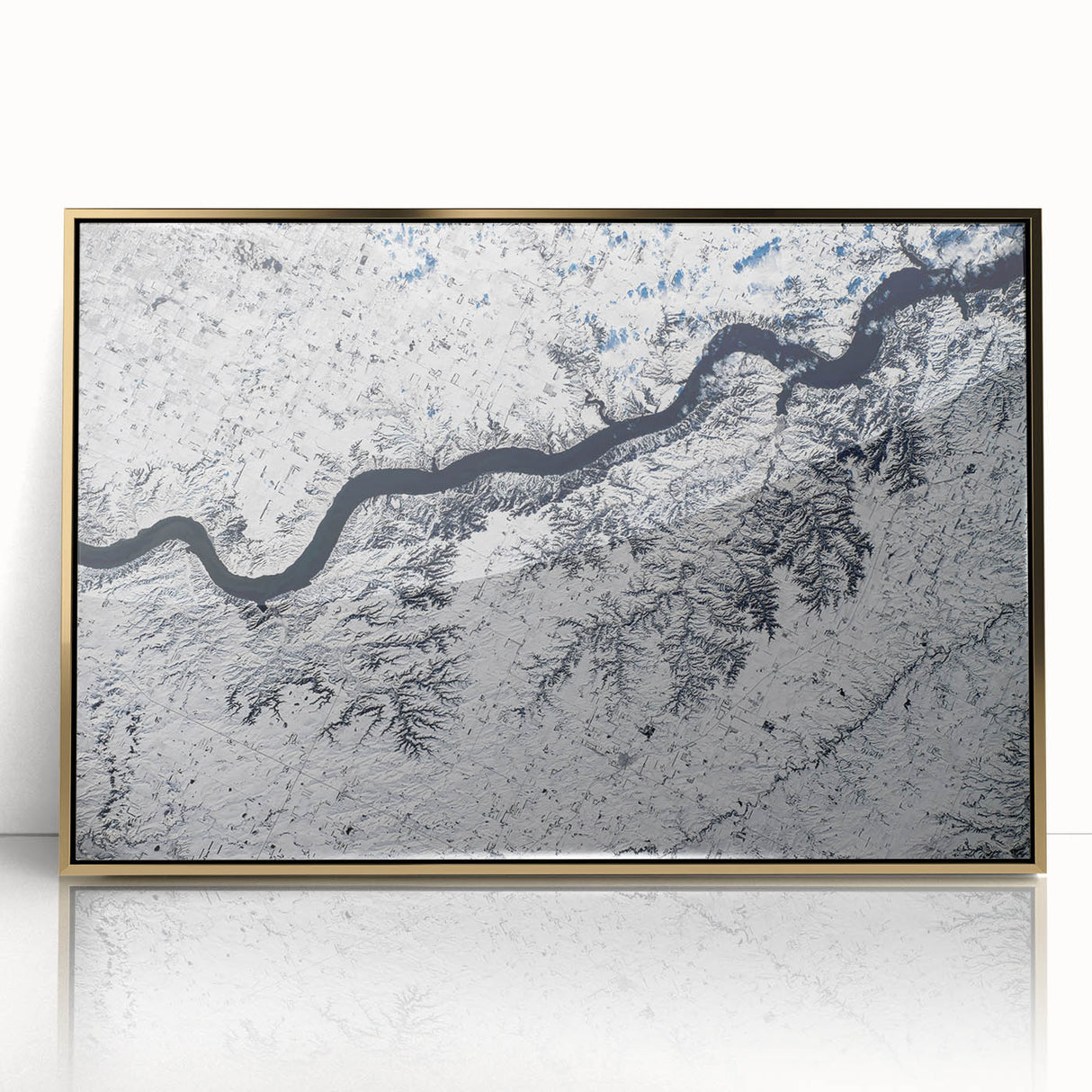 Mid-century modernist art of South Dakota scenery in gold and green tones, framed acrylic, suitable for nursery wall art.