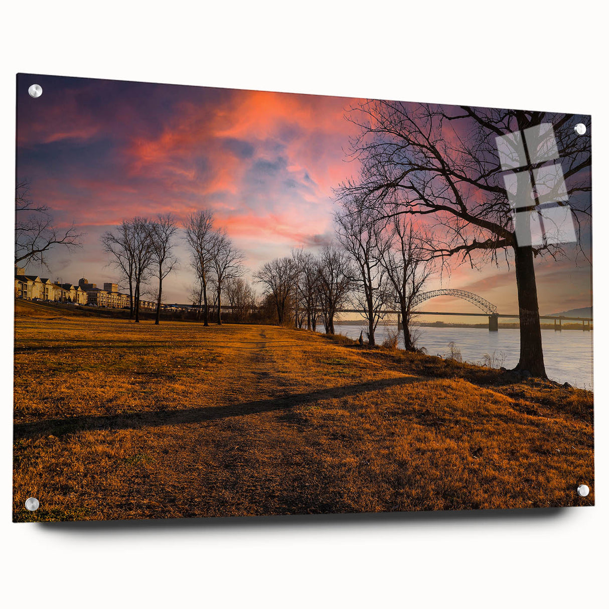 Acrylic print of abstract Memphis skyline in muted blue and gray tones, suitable for bedroom or dining room decor.