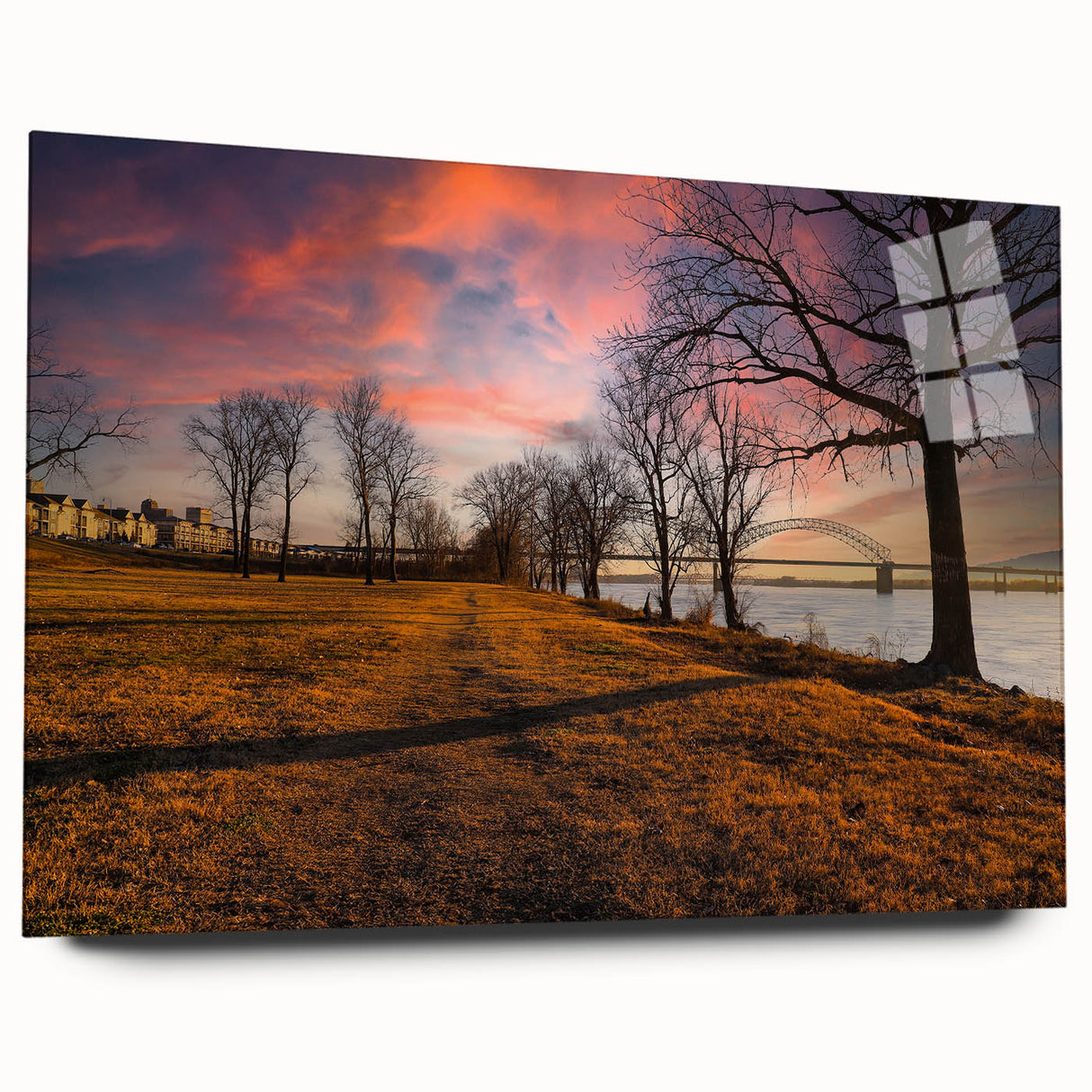 Large abstract depiction of Memphis skyline in muted blue and gray tones on acrylic glass.