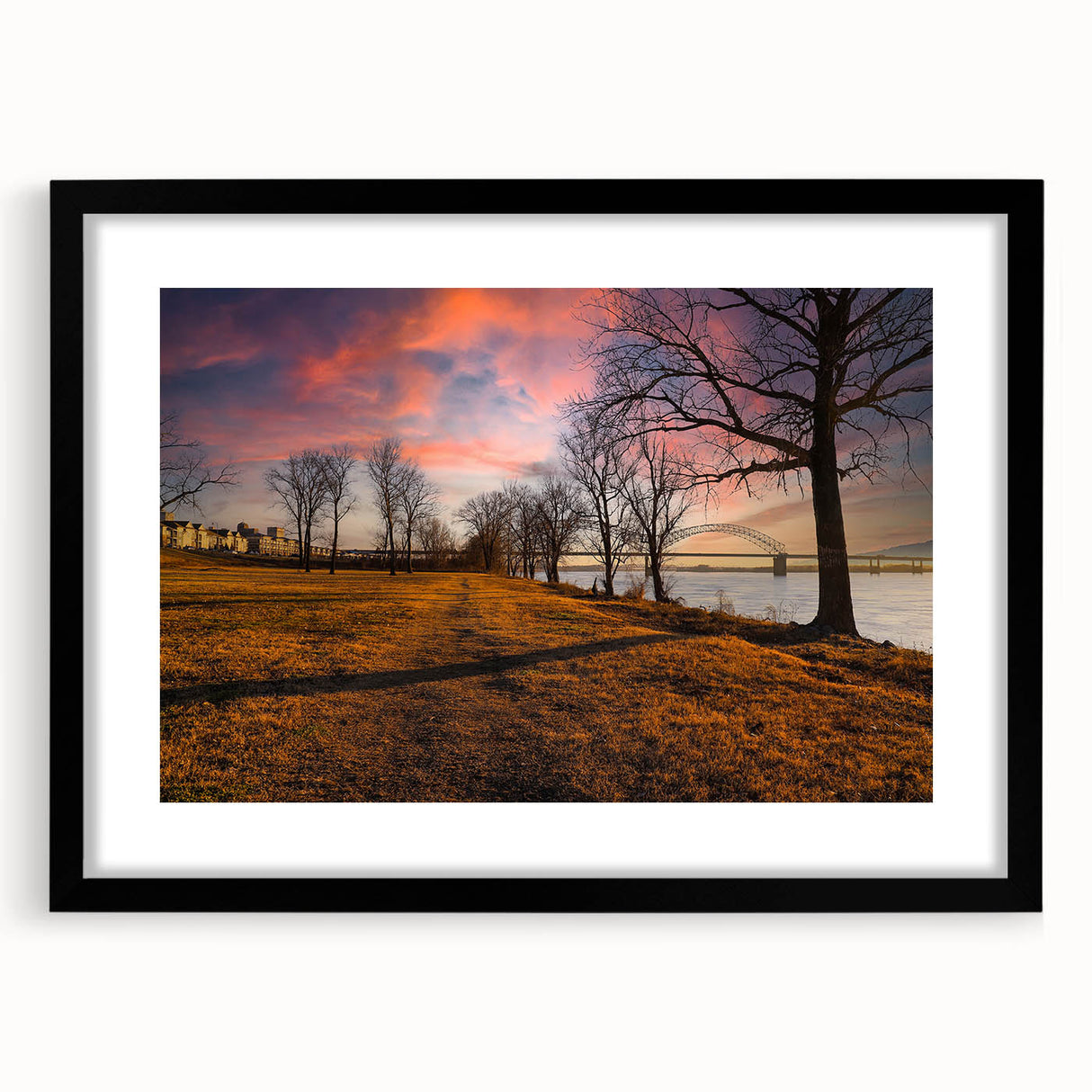 Abstract art print of Memphis scenery in colorful, textured strokes on a large black-framed canvas.