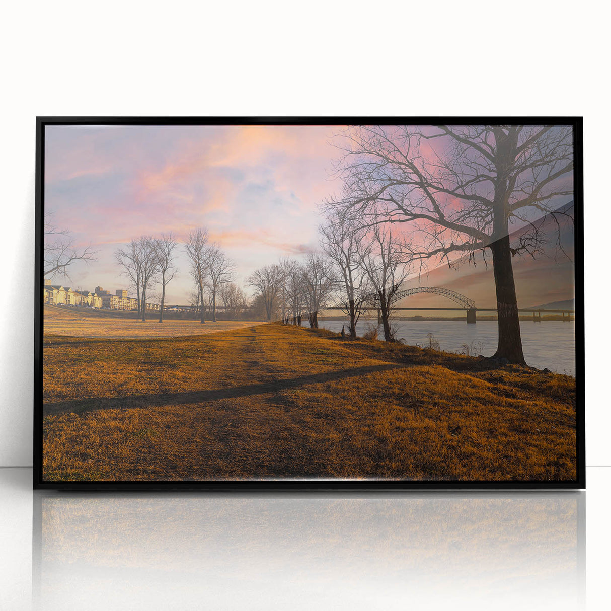 Large abstract wall art depicting the Memphis skyline in muted gray and blue tones on framed acrylic.