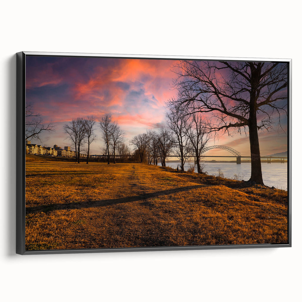 Black and white landscape art painting of Memphis on framed canvas, suitable for bedroom wall decor.