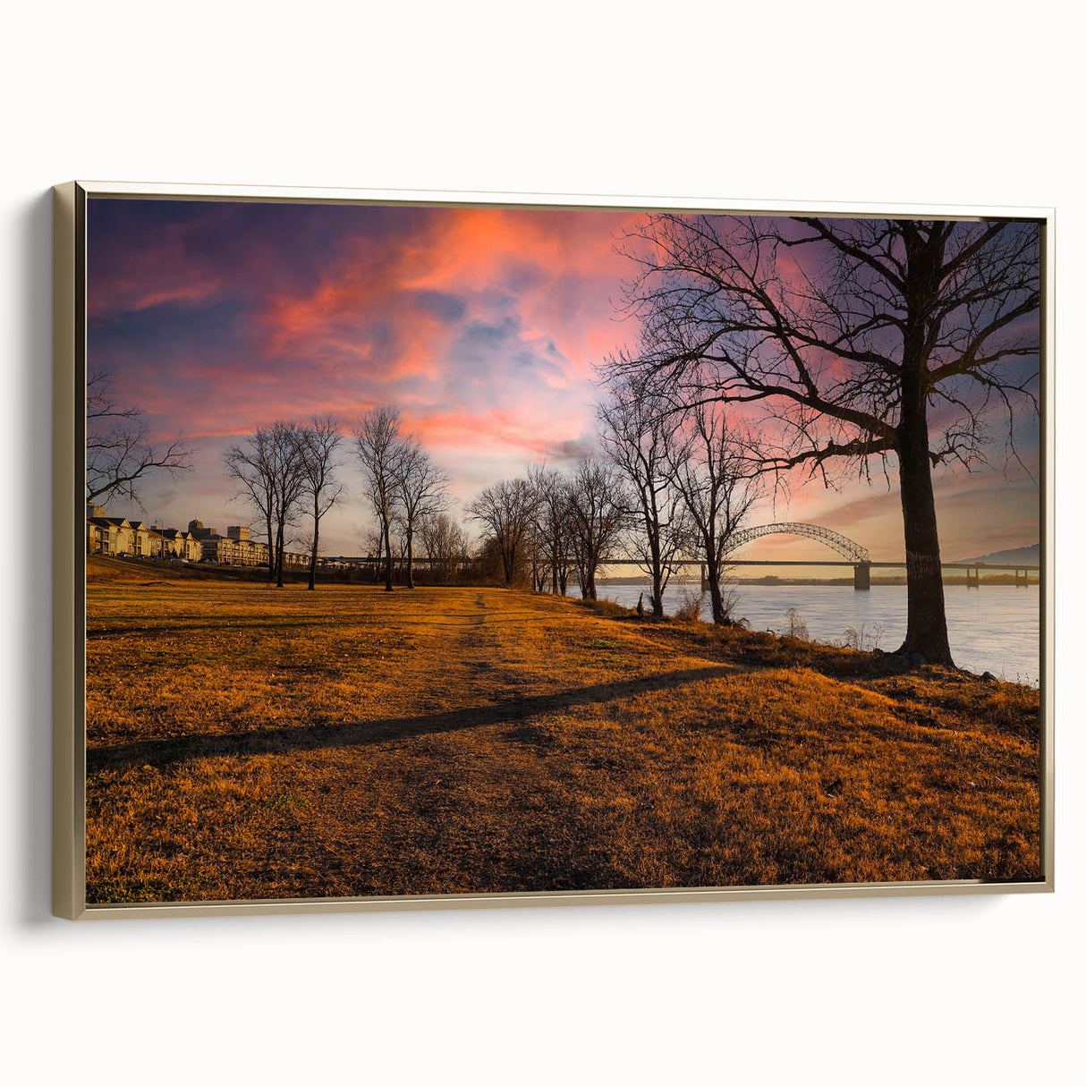 Framed canvas of a vintage Memphis landscape in muted gold and black tones, ideal for bedroom wall art.