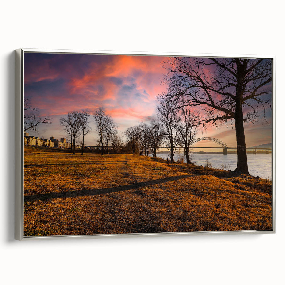 Framed canvas of a vintage Memphis landscape painting in silver, featuring a colorful scene, ideal for living room decor.