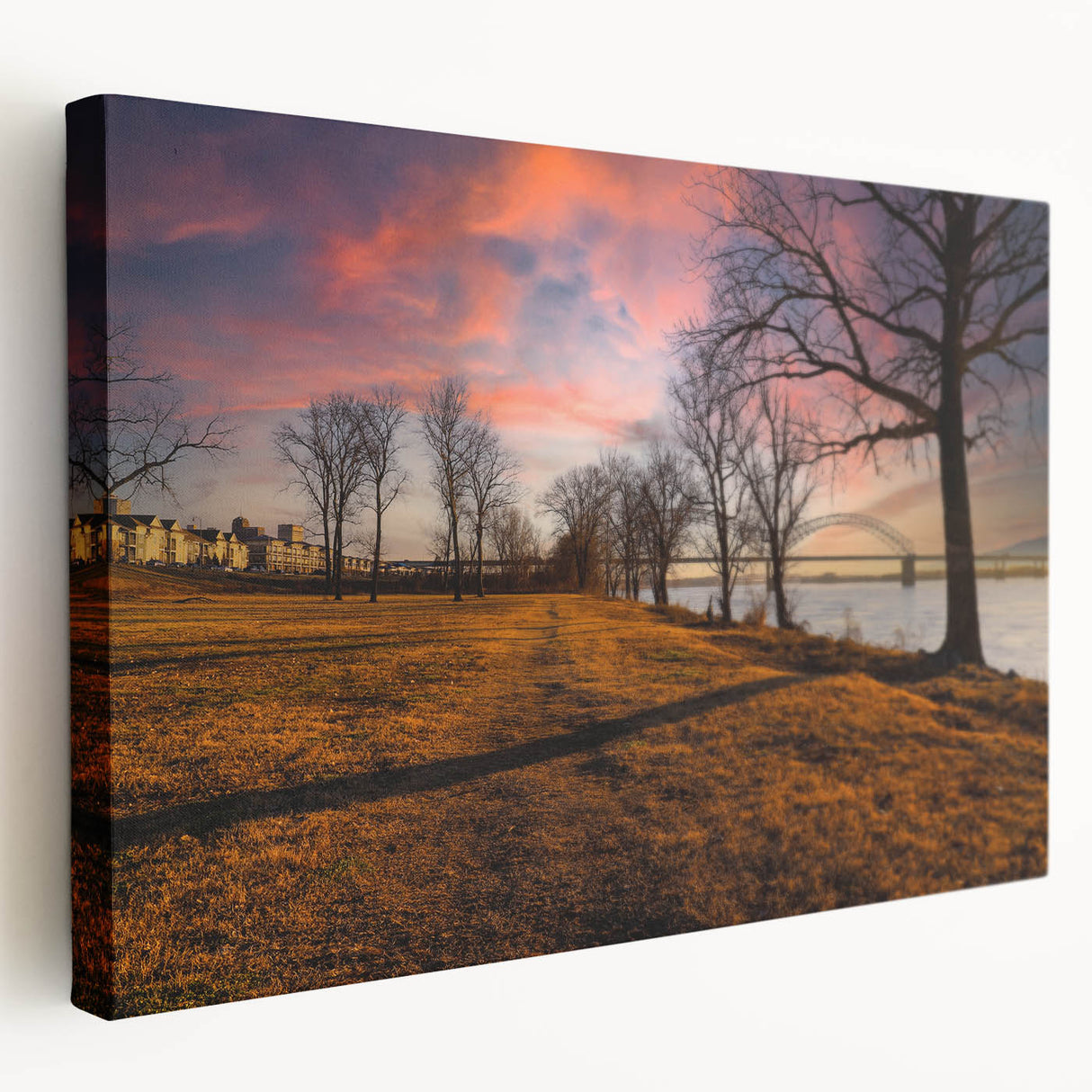 Large stretched canvas of Memphis skyline in muted earth tones, ideal for kitchen wall art.