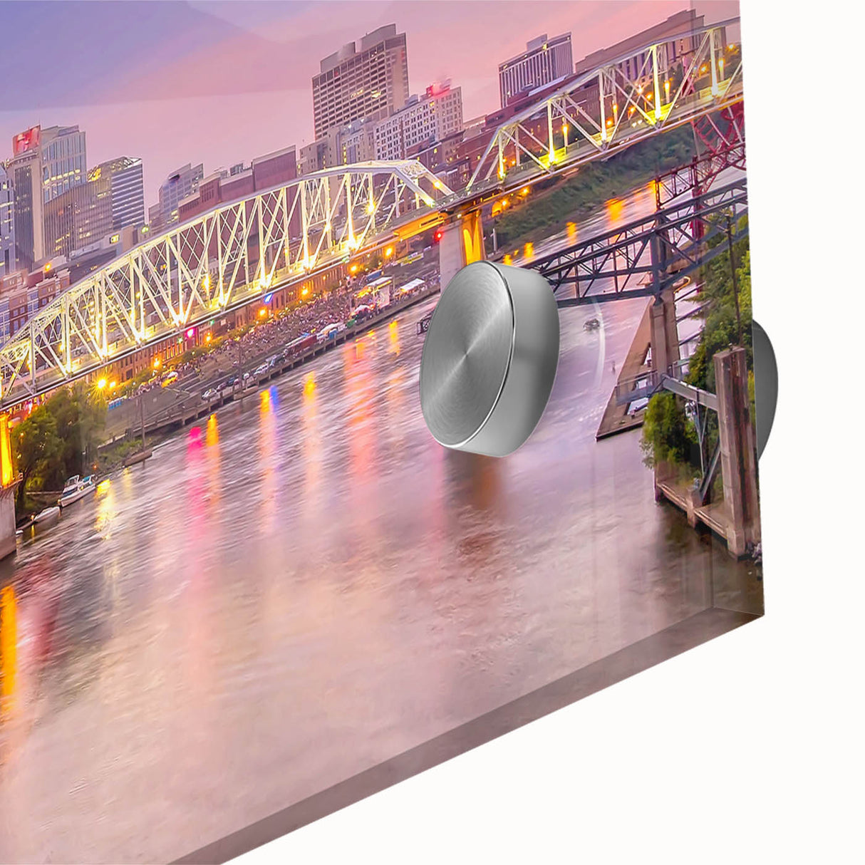 Large abstract depiction of Nashville skyline in muted earth tones on acrylic glass, ideal for dining room art.