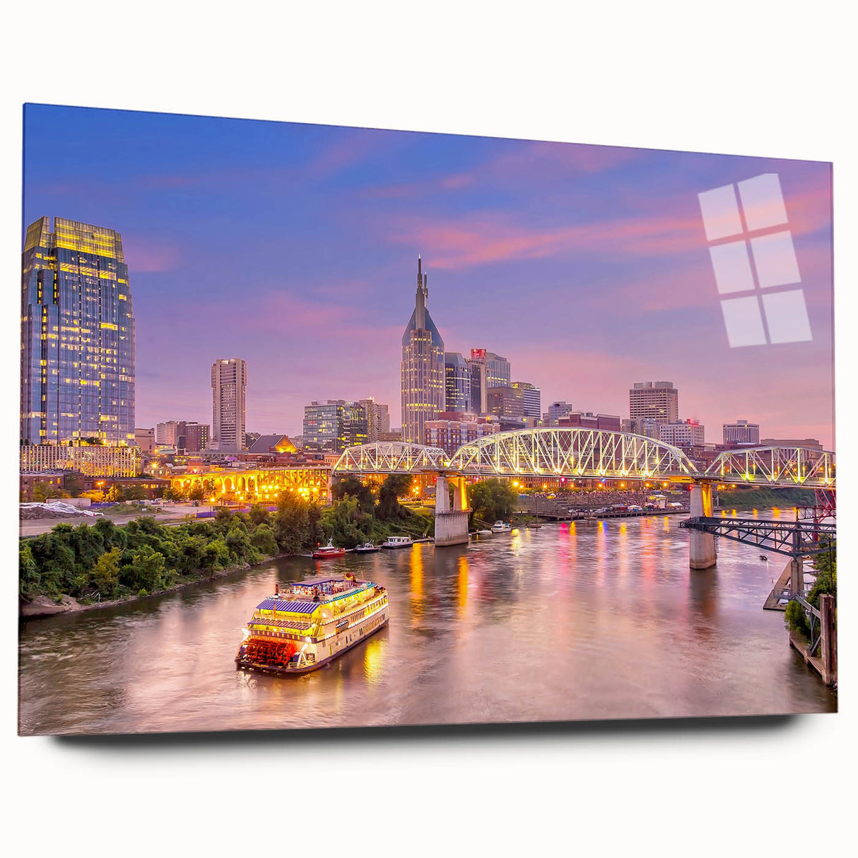 Acrylic print of Nashville skyline in muted earth tones, suitable as bedroom or dining room art.