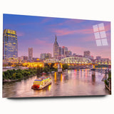 Acrylic print of Nashville skyline in muted earth tones, suitable as bedroom or dining room art.