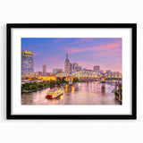 Extra large textured abstract art print of Nashville skyline in vibrant colors on a framed canvas.